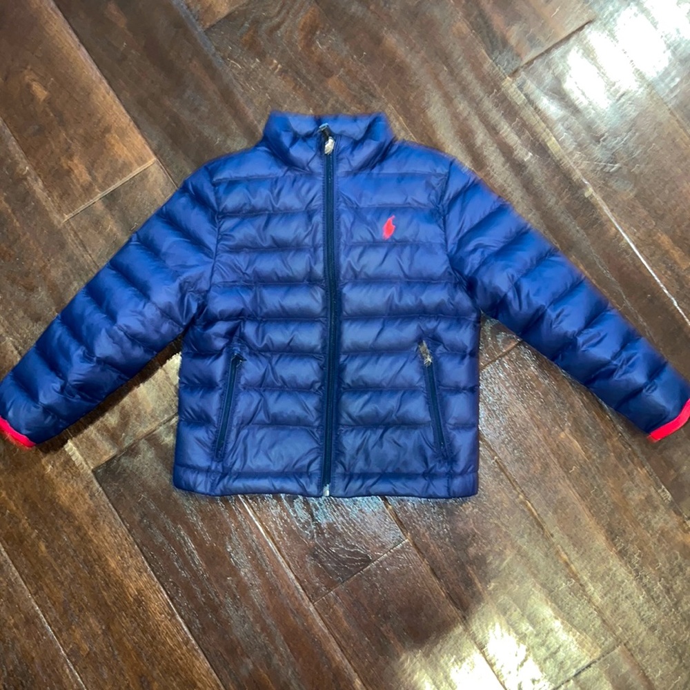 Polo Ralph Lauren navy puffer jacket with red pony & trim 4/4T EUC